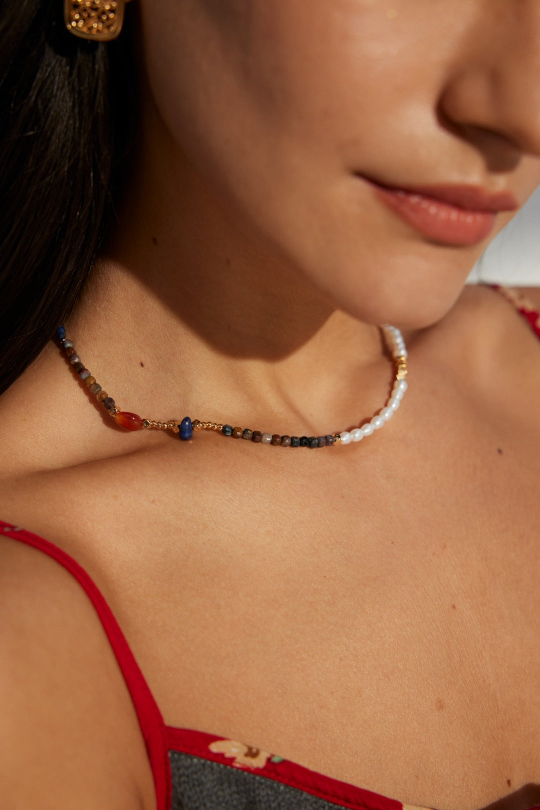 Natural Tiger's Eye Gemstone and Pearl Necklace